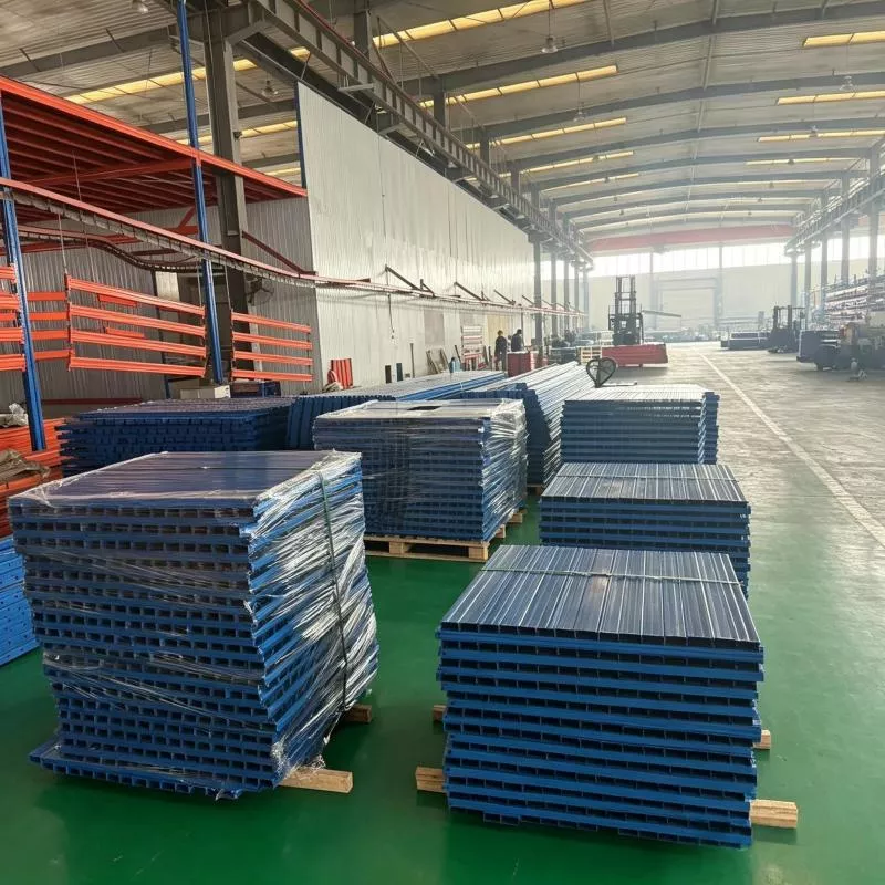 Finished components of storage racks are neatly stacked in the workshop